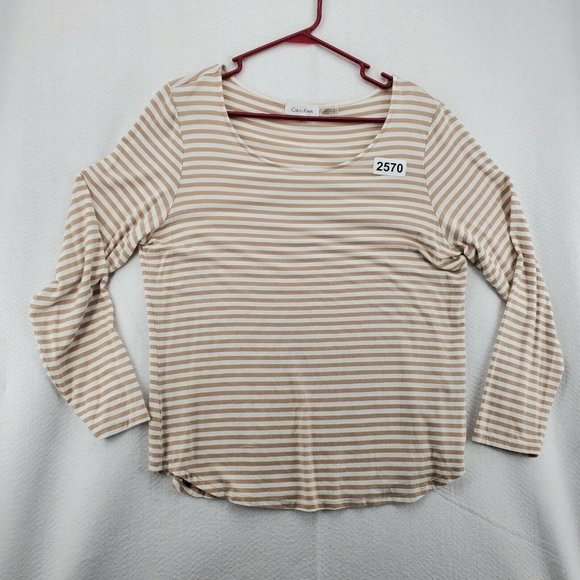 Calvin Klein Top Women's Long Sleeve Scoop Neck Striped T-Shirt Tan White Large - Picture 12 of 12